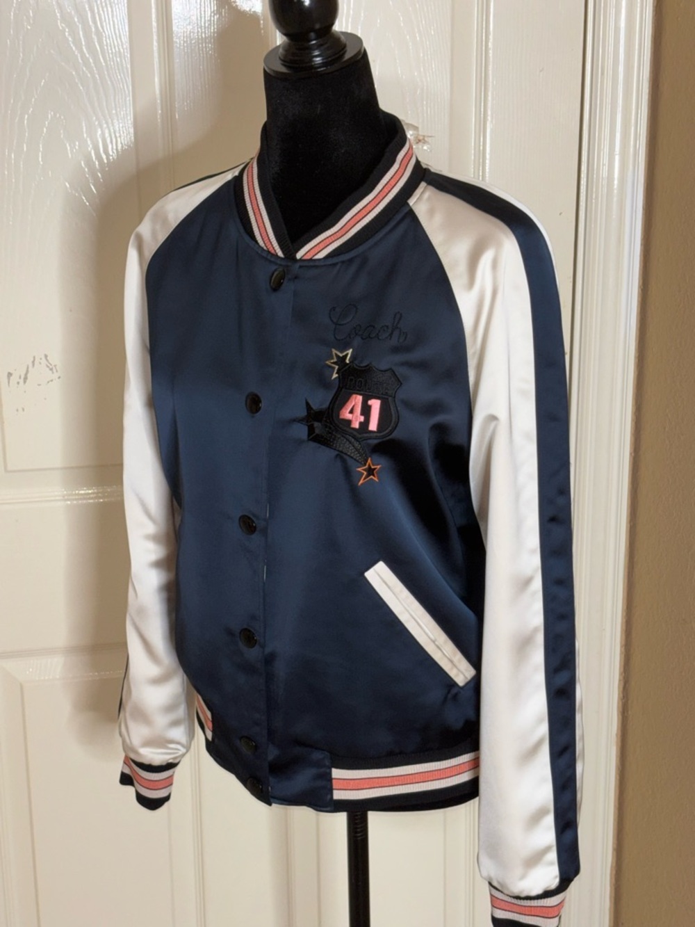 COACH Women’s Bomber REVERSIBLE Varsity Jacket Floral Print Colorblock Satin Med - Picture 2 of 12